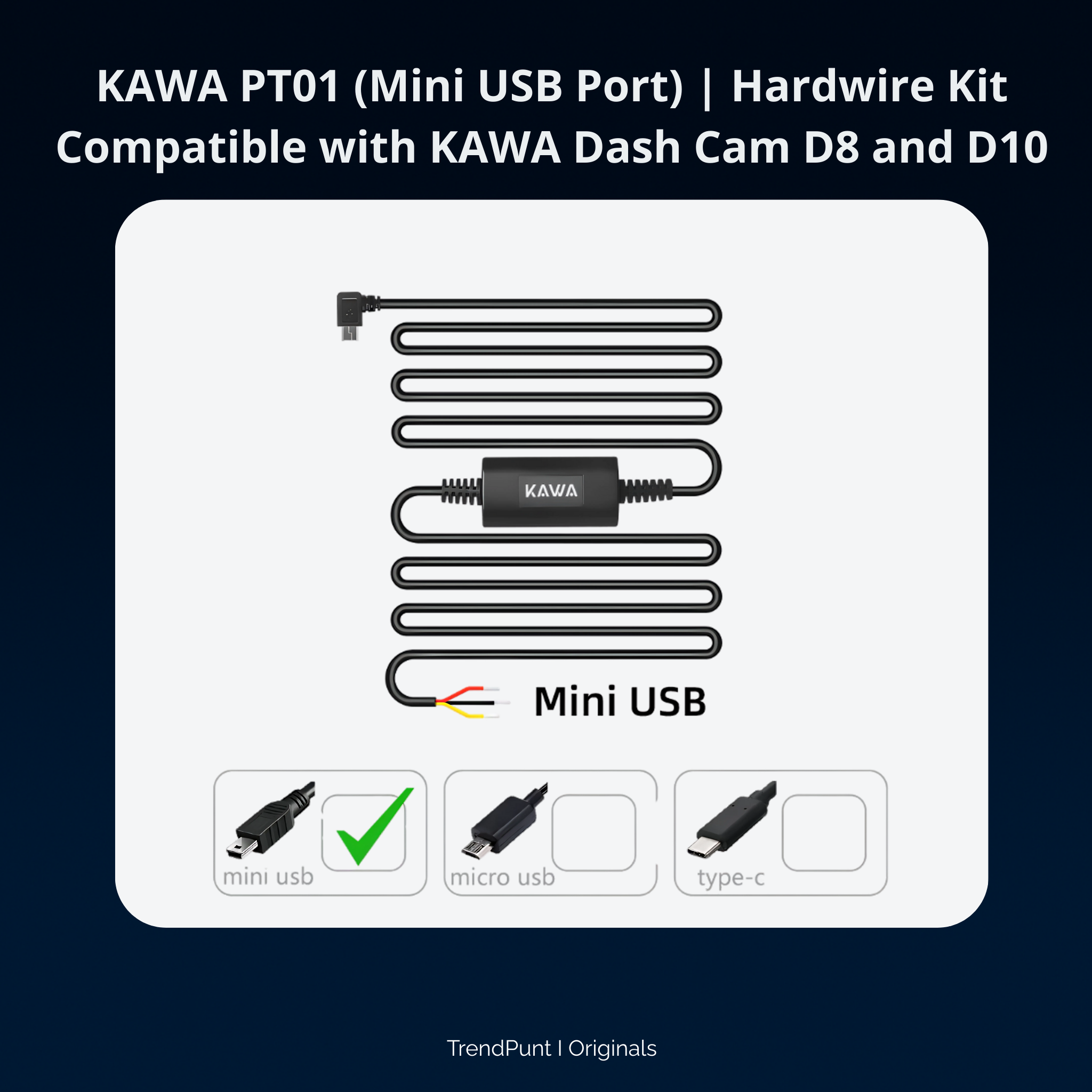 ⚡ KAWA PT01 – Hardwire-kit met Mini USB (Compatibel met KAWA D8 & D10)