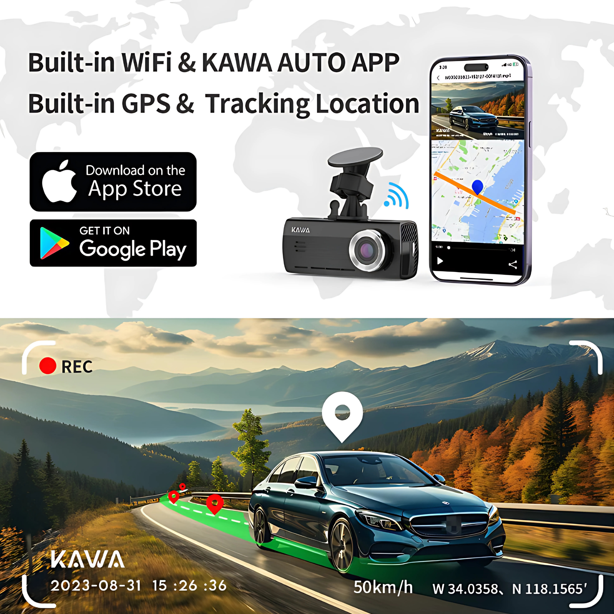 🚘 KAWA D8 – 2K + 1080P Dual Dashcam met GPS, Nachtzicht & WiFi