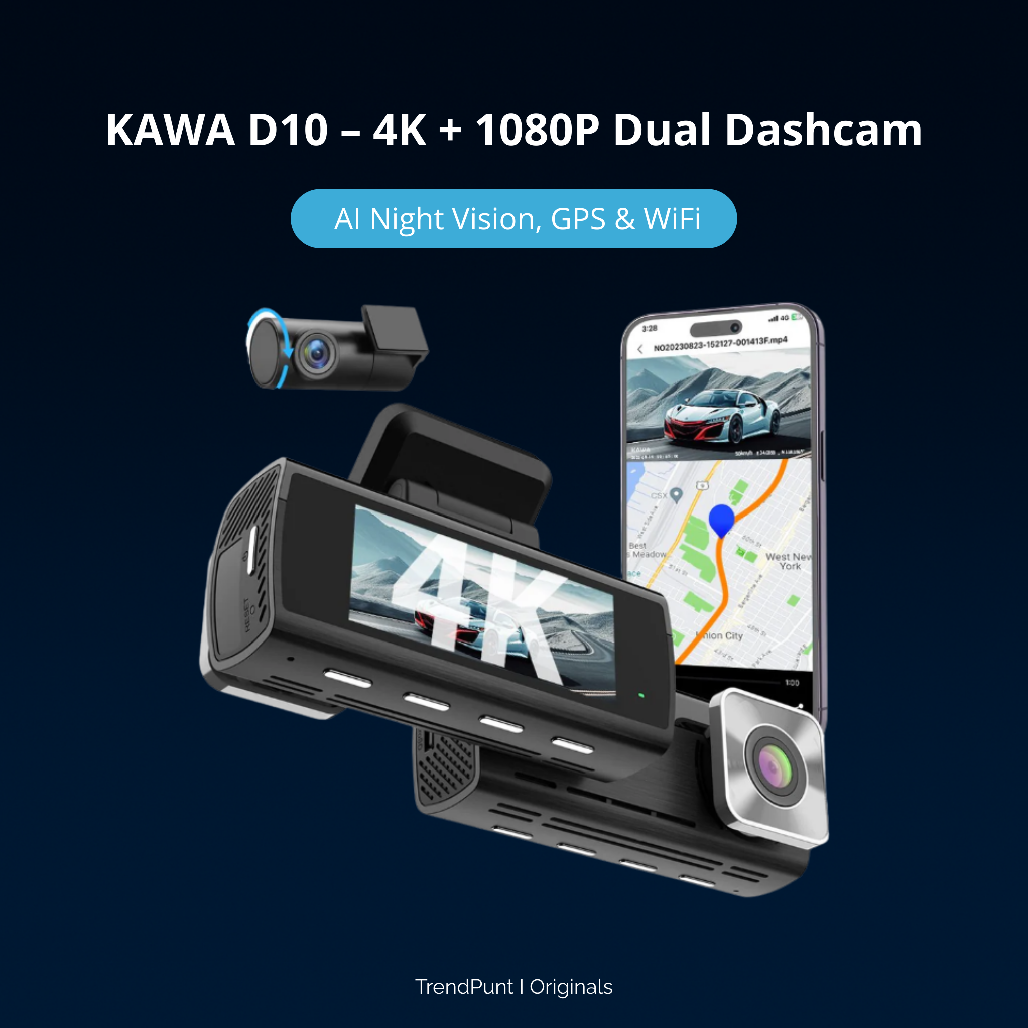 🚘 KAWA D10 – 4K + 1080P Dual Dashcam met AI Nachtzicht, GPS & WiFi