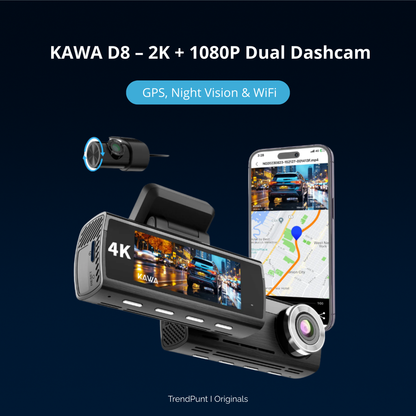 🚘 KAWA D8 – 2K + 1080P Dual Dashcam met GPS, Nachtzicht & WiFi