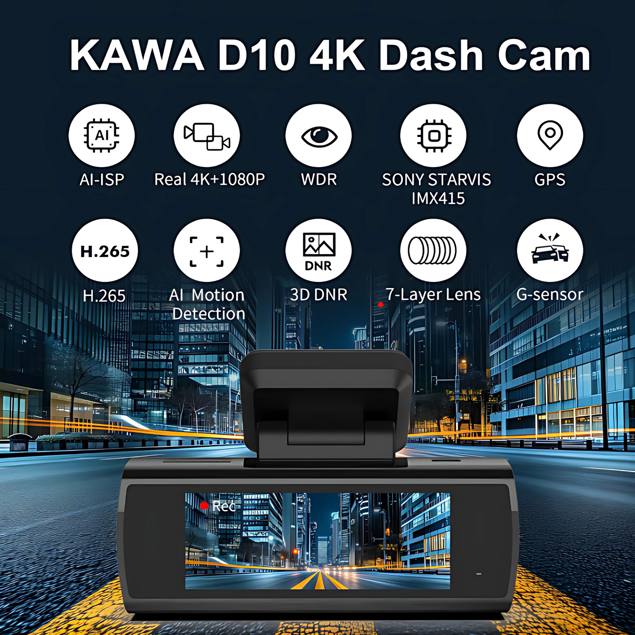 🚘 KAWA D10 – 4K + 1080P Dual Dashcam met AI Nachtzicht, GPS & WiFi